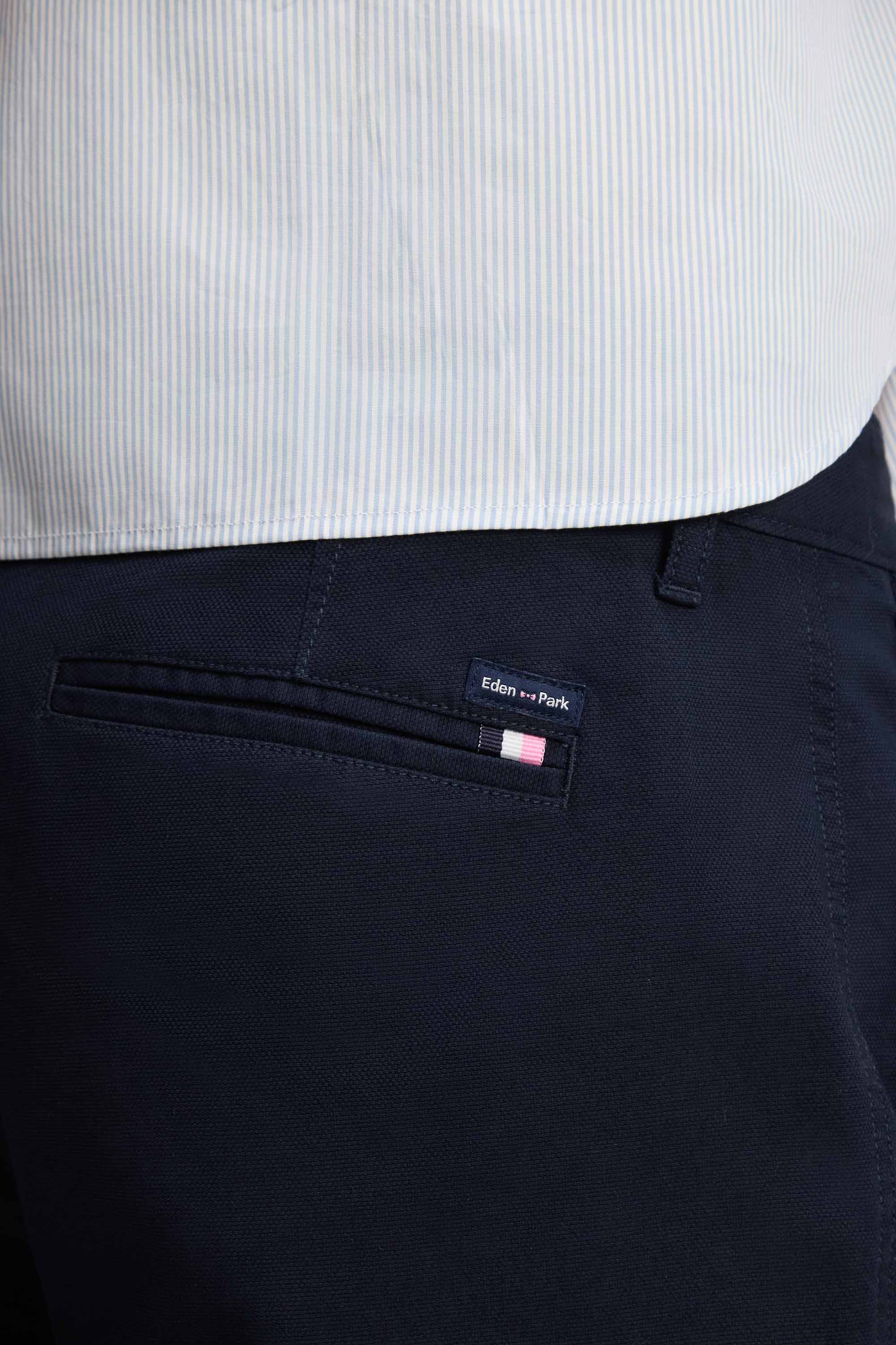 Pantalon chino sans plis en piqué de coton stretch marine coupe regular