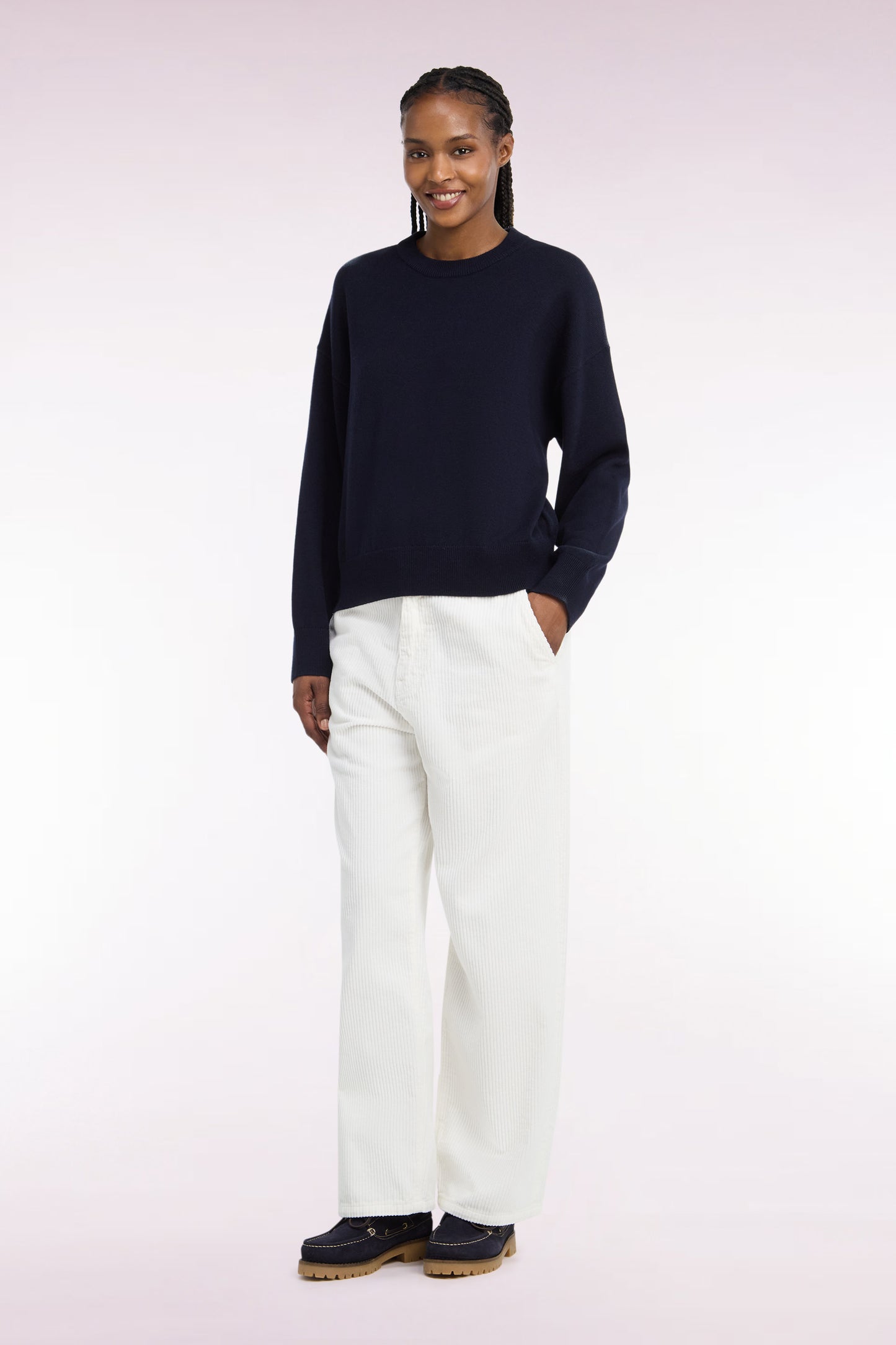 Pantalon en velours côtelé écru coupe droite
