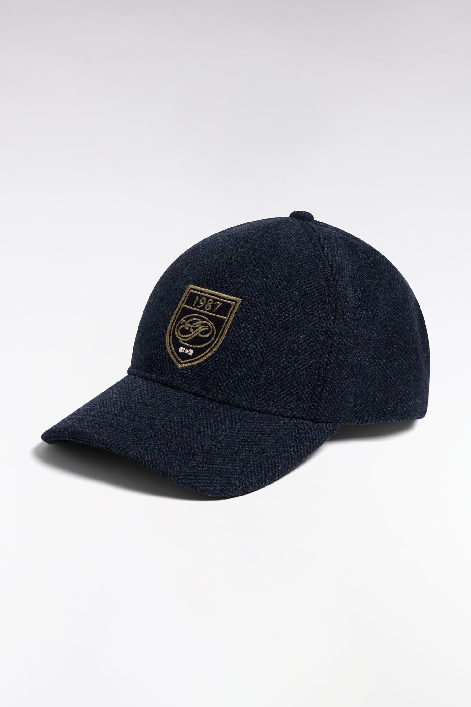 Casquette en drap de laine à chevrons anthracite patch écusson