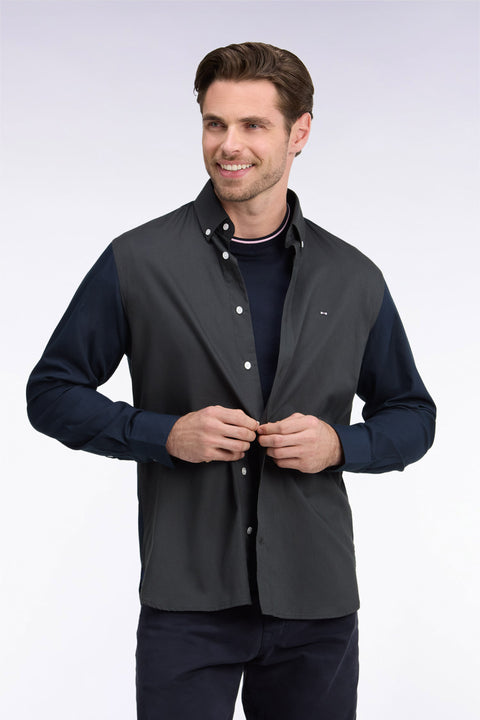 Two-tone khaki Oxford cotton shirt with back patch, straight cut - Image 1