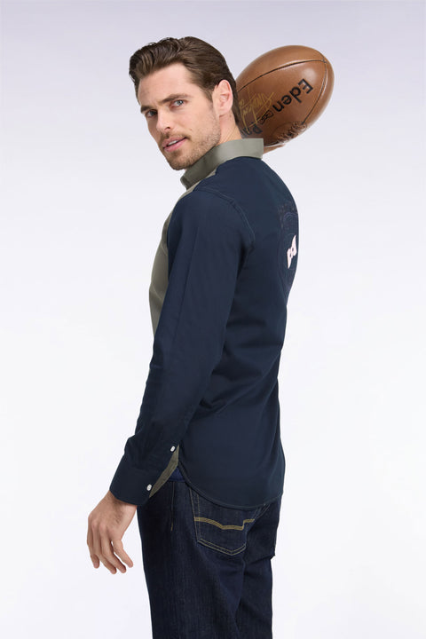Two-tone olive green oxford cotton shirt with back patch, straight cut - Image 1