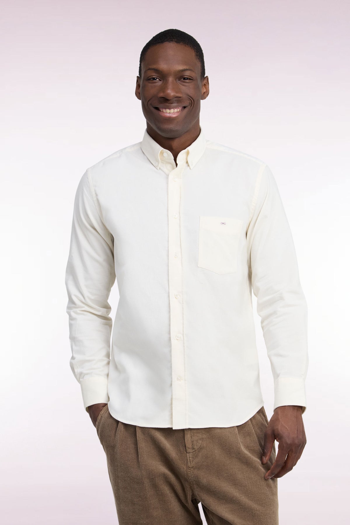 Straight cut ecru ribbed cotton shirt