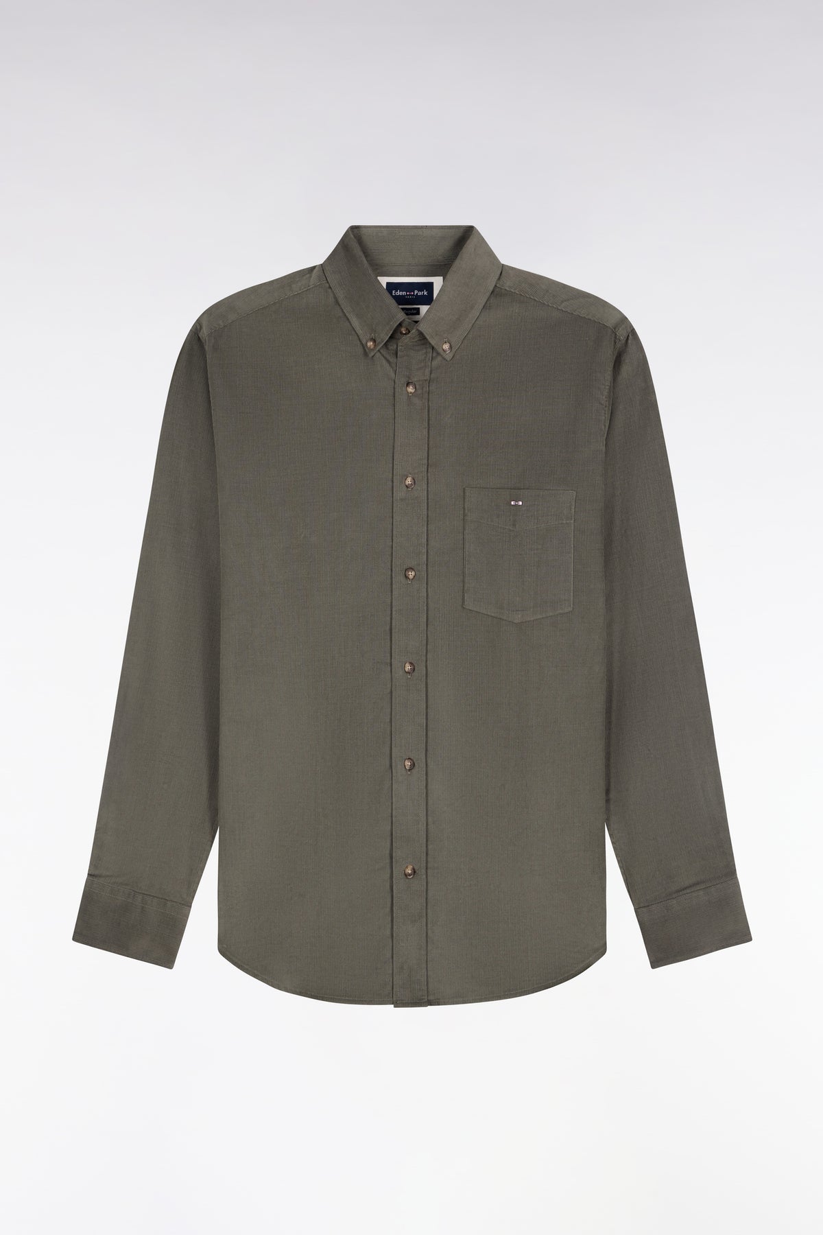 Chemise en coton côtelé vert olive coupe droite