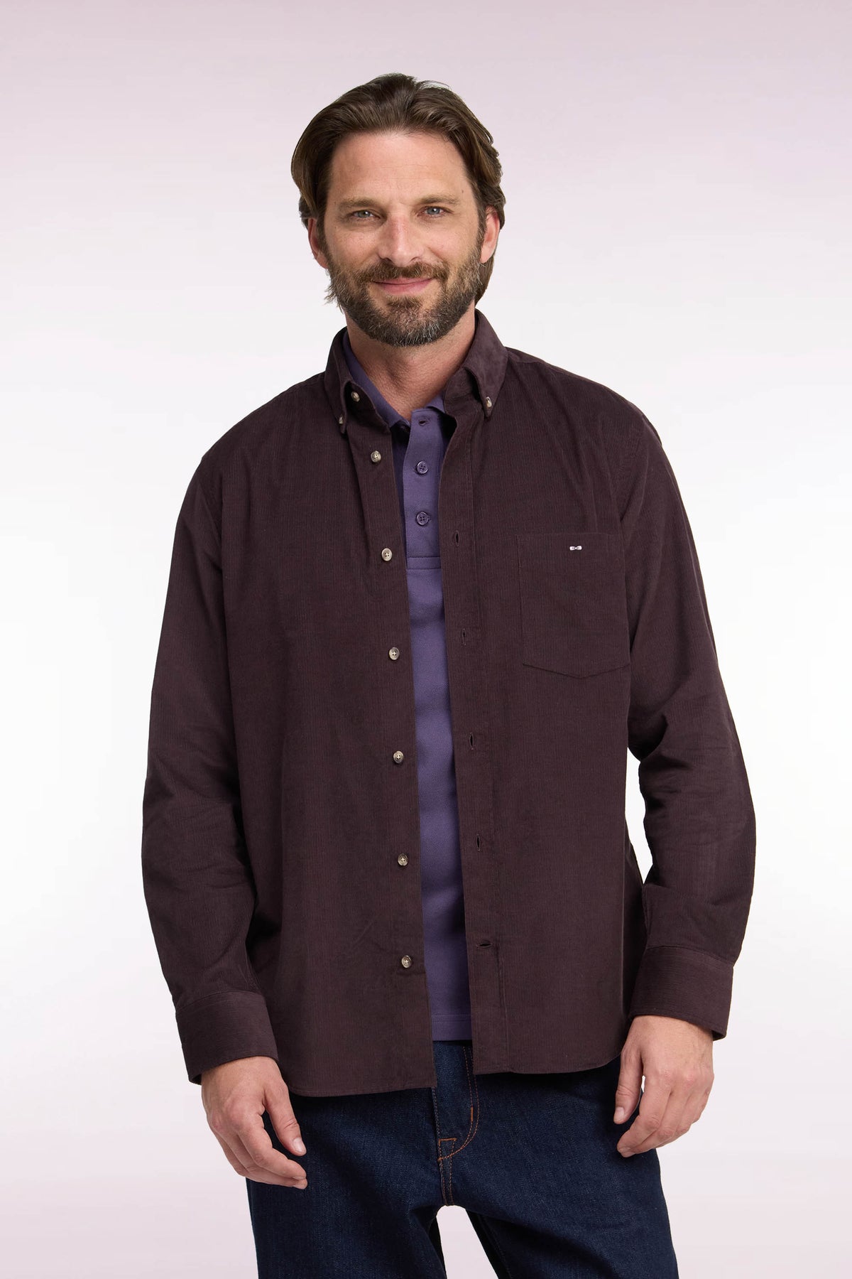 Chemise en coton côtelé chocolat coupe droite