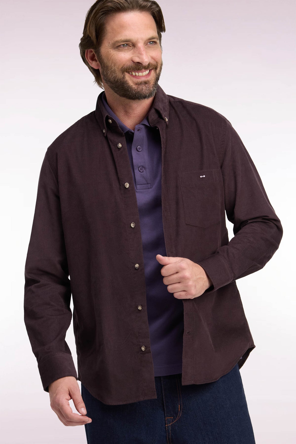 Chemise en coton côtelé chocolat coupe droite