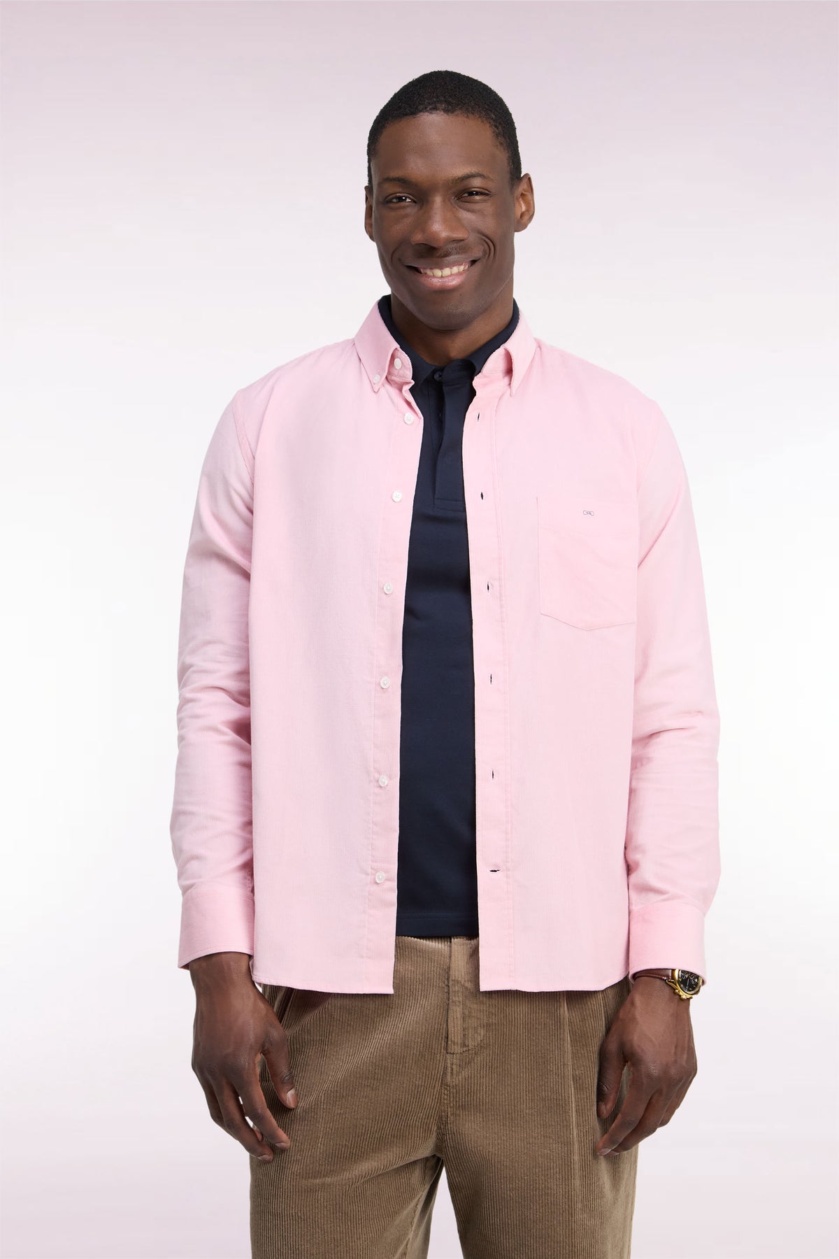 Chemise en coton côtelé rose coupe droite