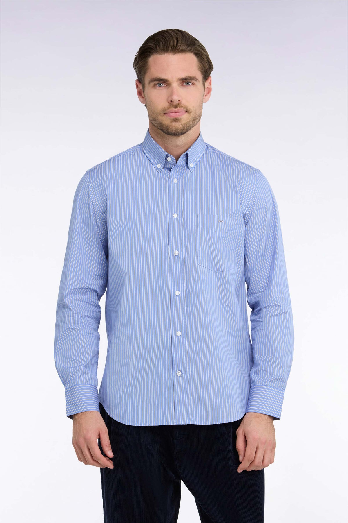Chemise en coton rayé ciel coupe droite