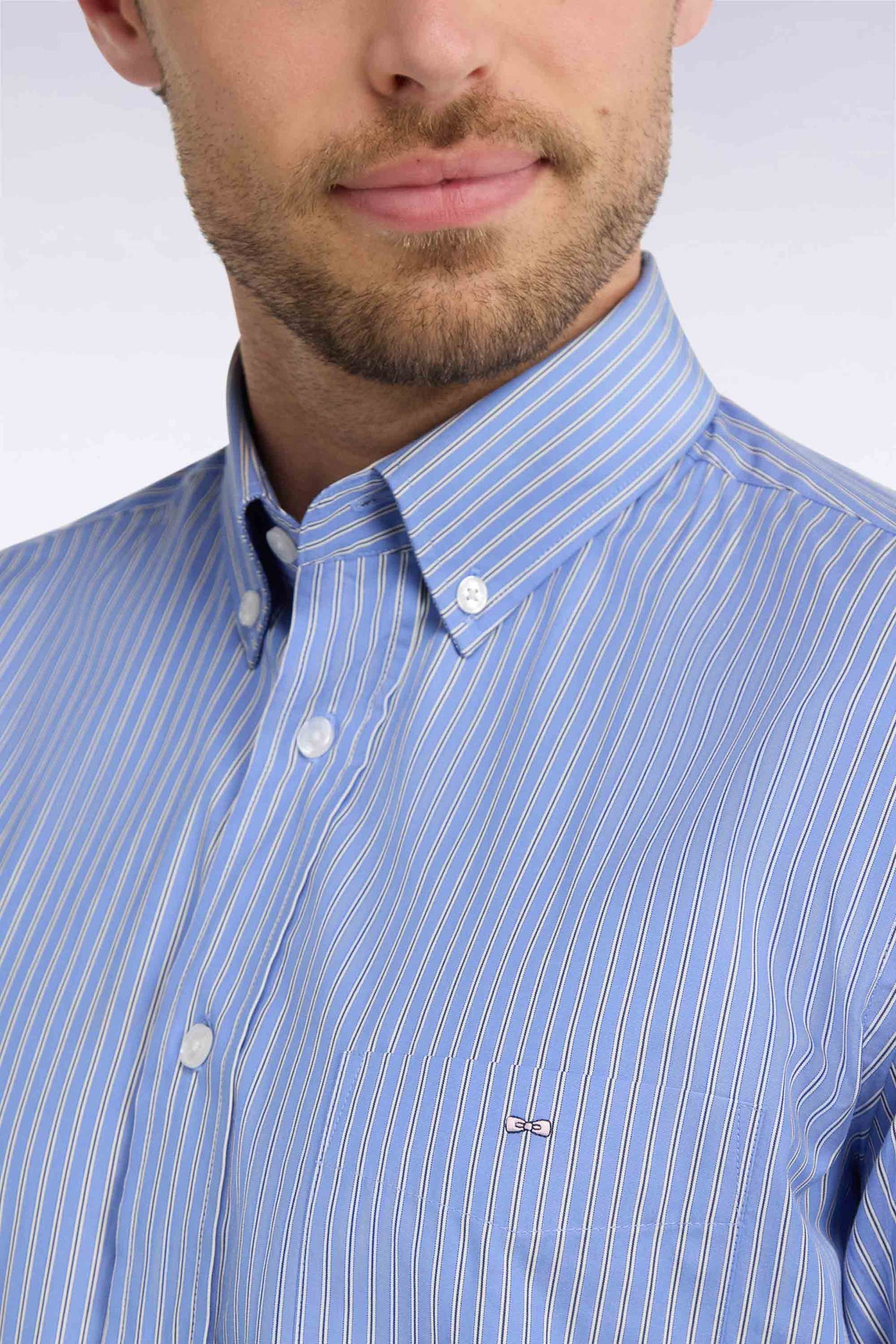 Chemise en coton rayé ciel coupe droite