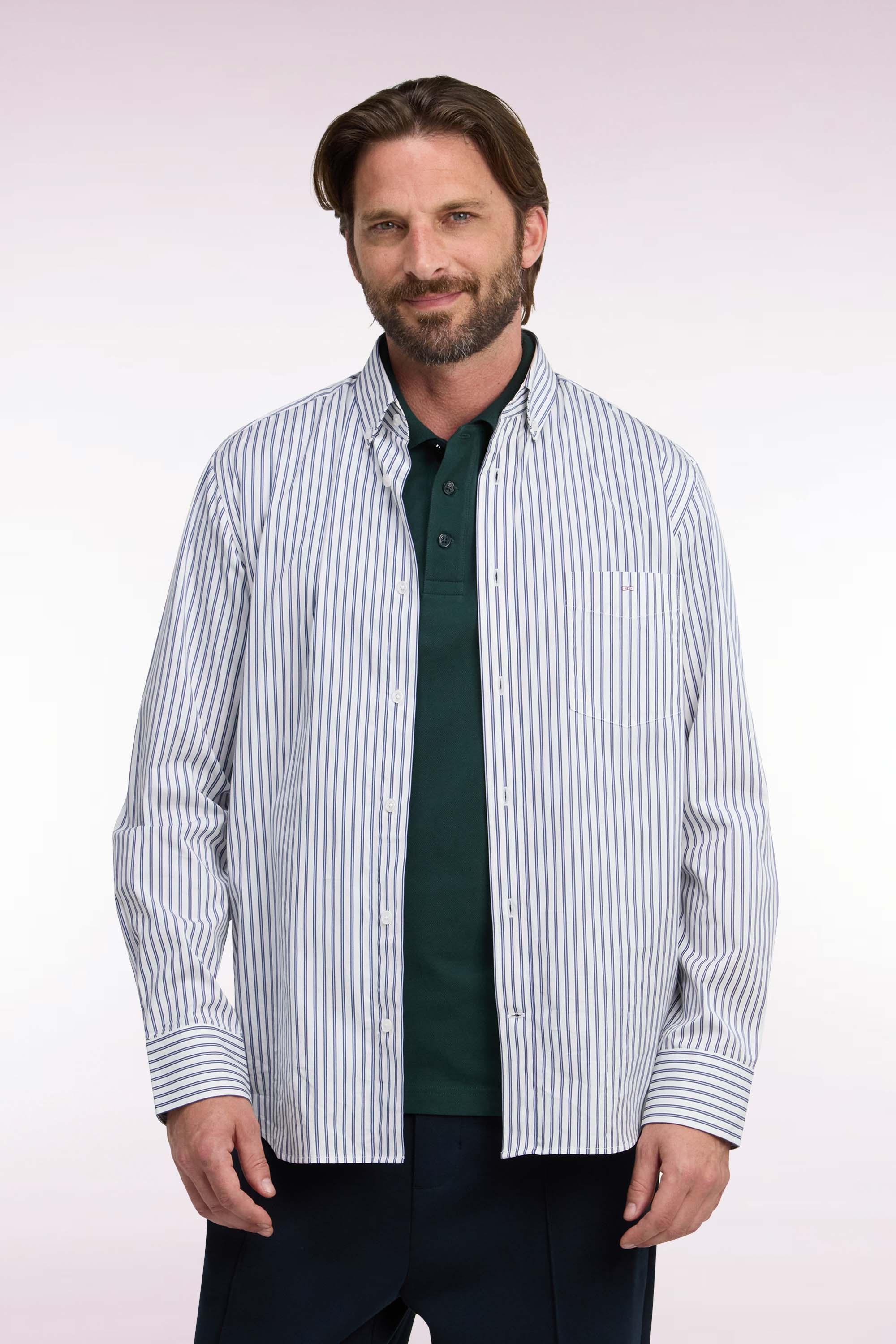 Chemise à rayures en coton marine et blanc coupe droite