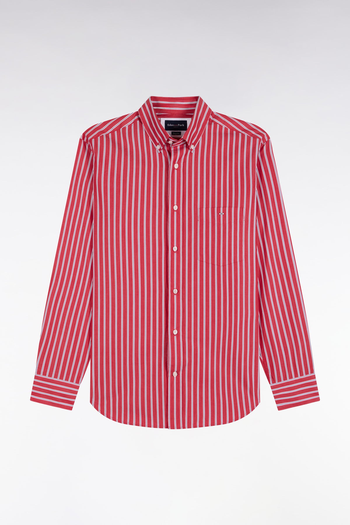 Chemise en coton rouge à rayures écrues coupe droite