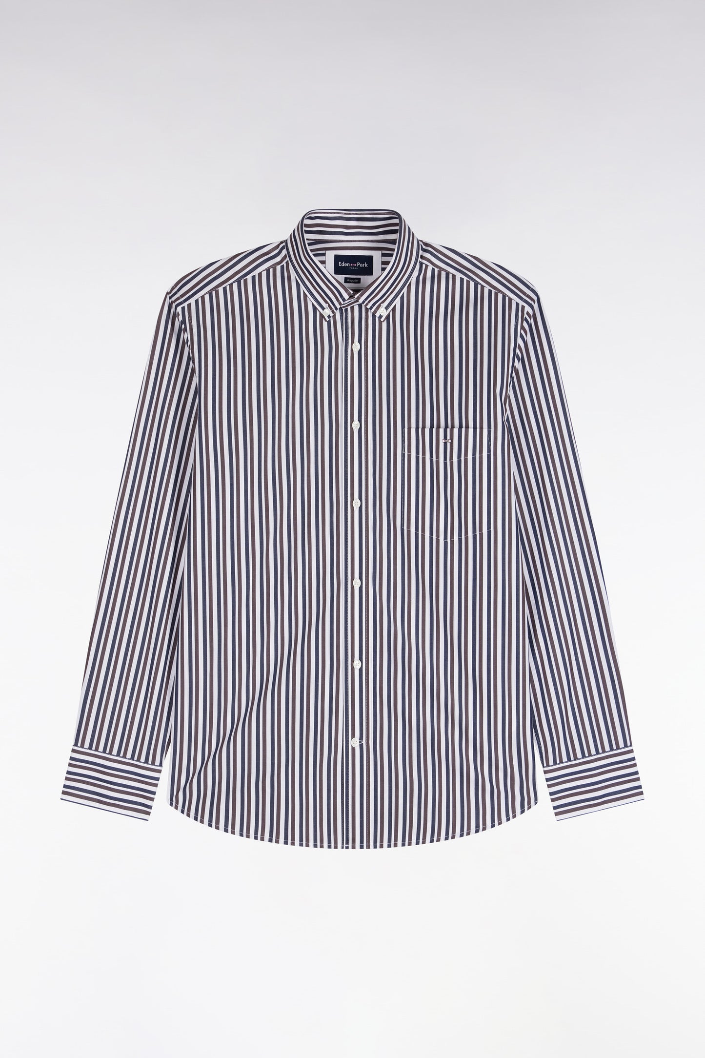 Chemise en popeline de coton à rayures marron coupe droite