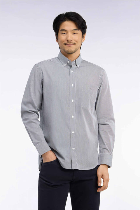 Chemise en coton blanc à fines rayures marine coupe droite - Image 3