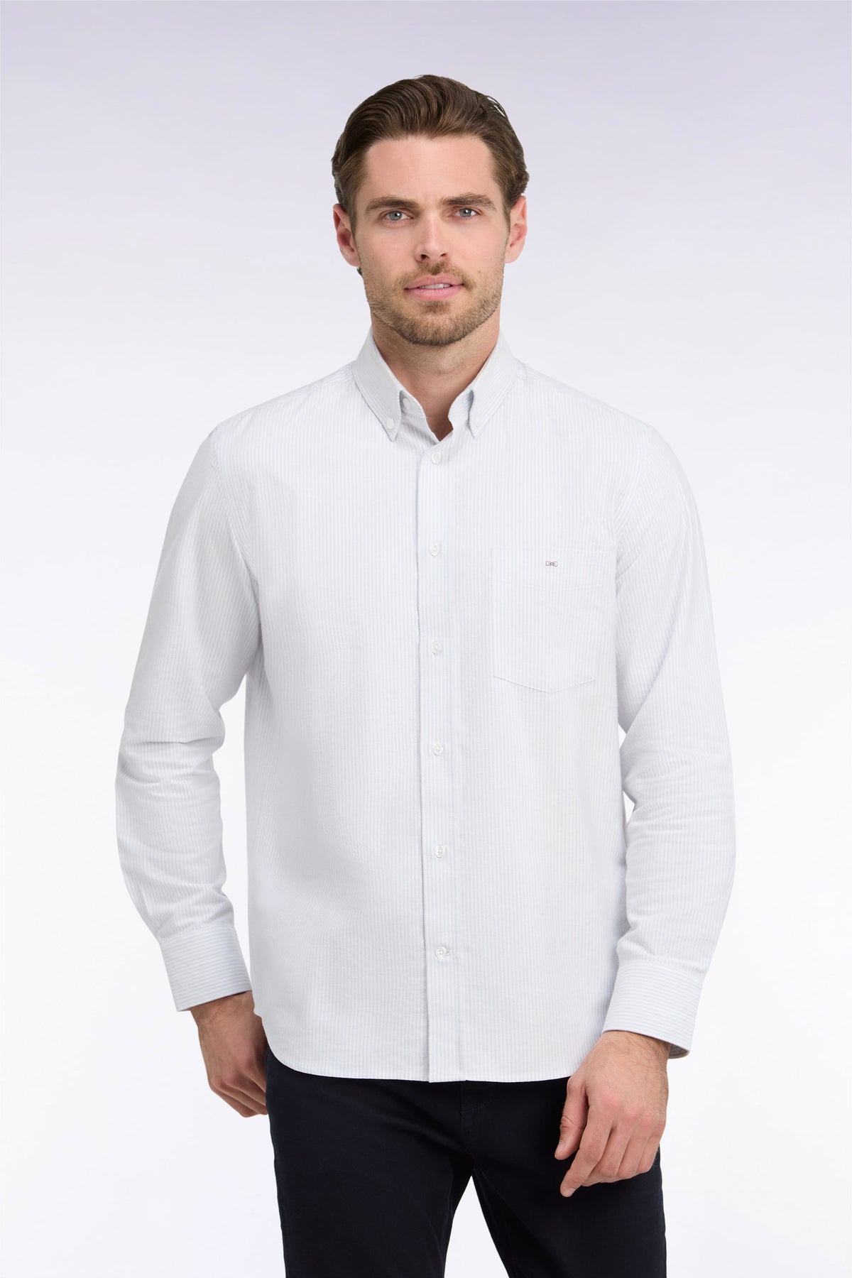 Chemise en coton à rayures bâtons ciel coupe droite