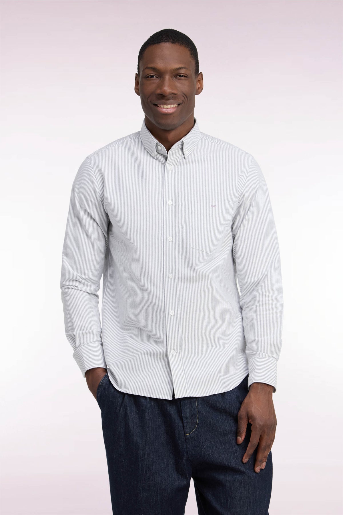 Chemise en coton à rayures bâtons marine coupe droite