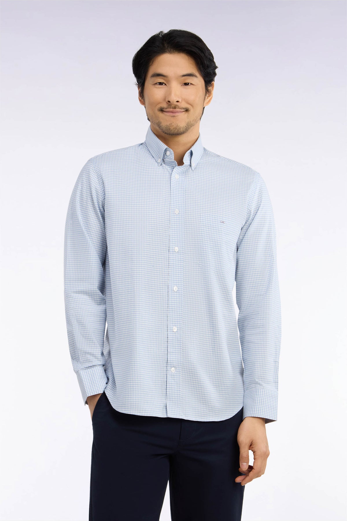 Chemise en coton à carreaux Vichy bleu ciel coupe droite