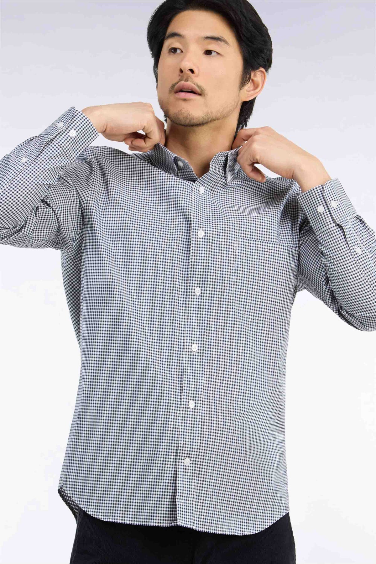 Chemise en coton à carreaux Vichy marine coupe droite