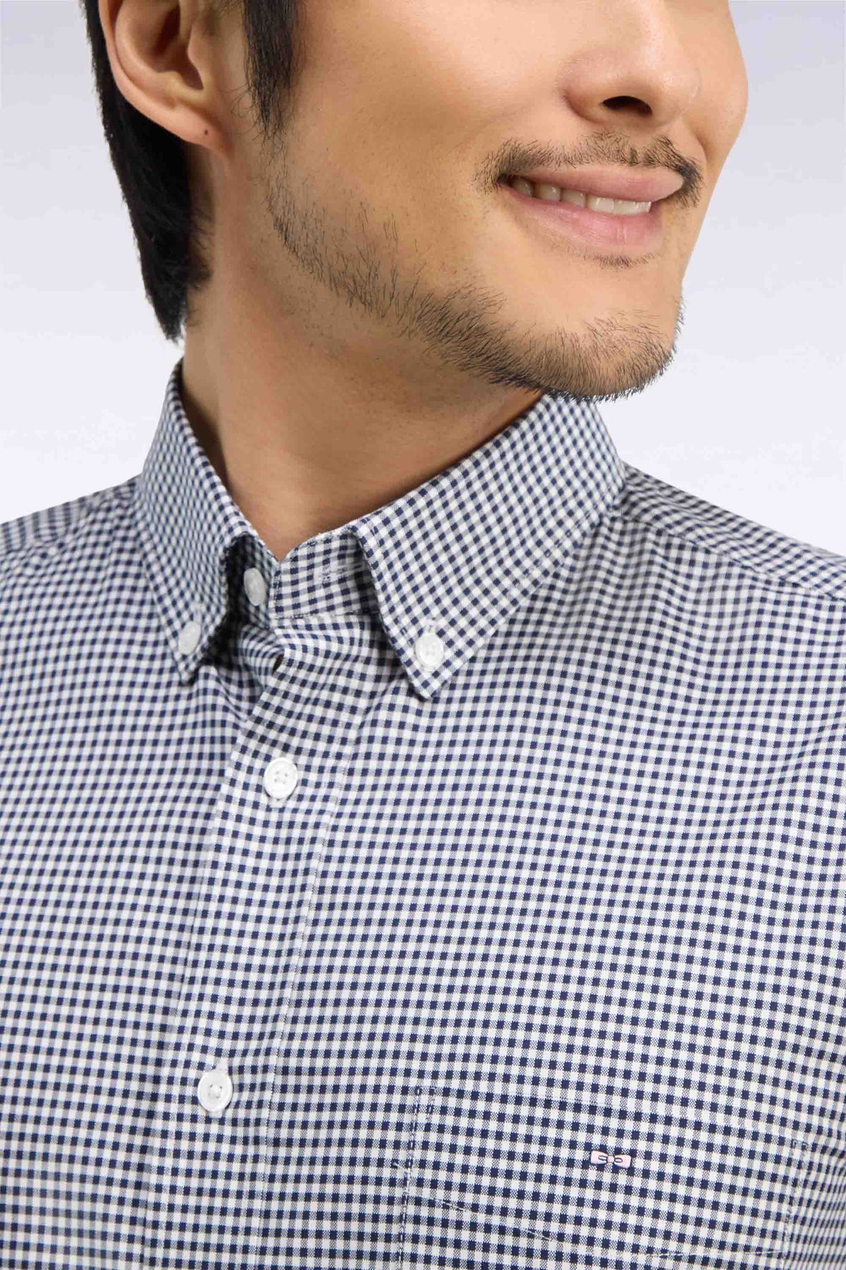 Chemise en coton à carreaux Vichy marine coupe droite
