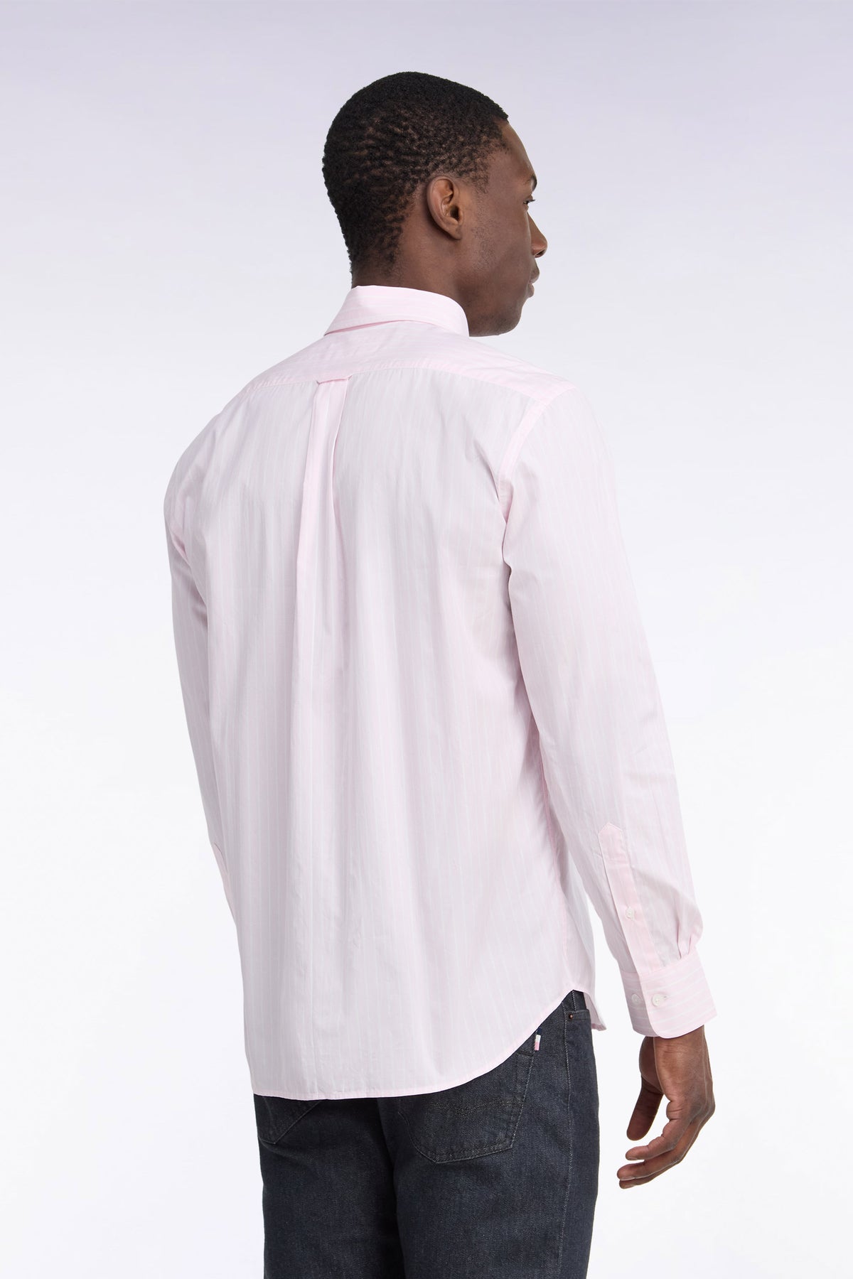 Chemise en coton blanc tissé à rayures roses coupe droite
