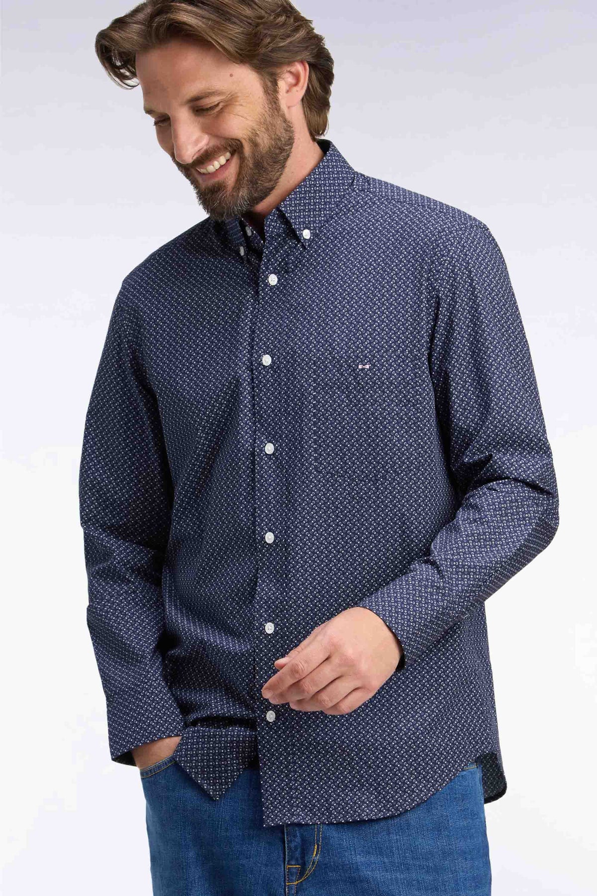 Chemise en popeline de coton marine à micromotifs nœuds papillon