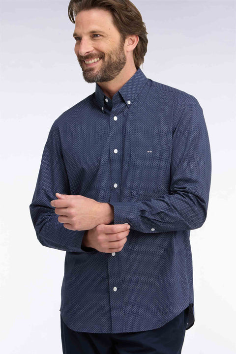 Chemise en coton marine à micromotifs nœuds papillon coupe droite - Image 1