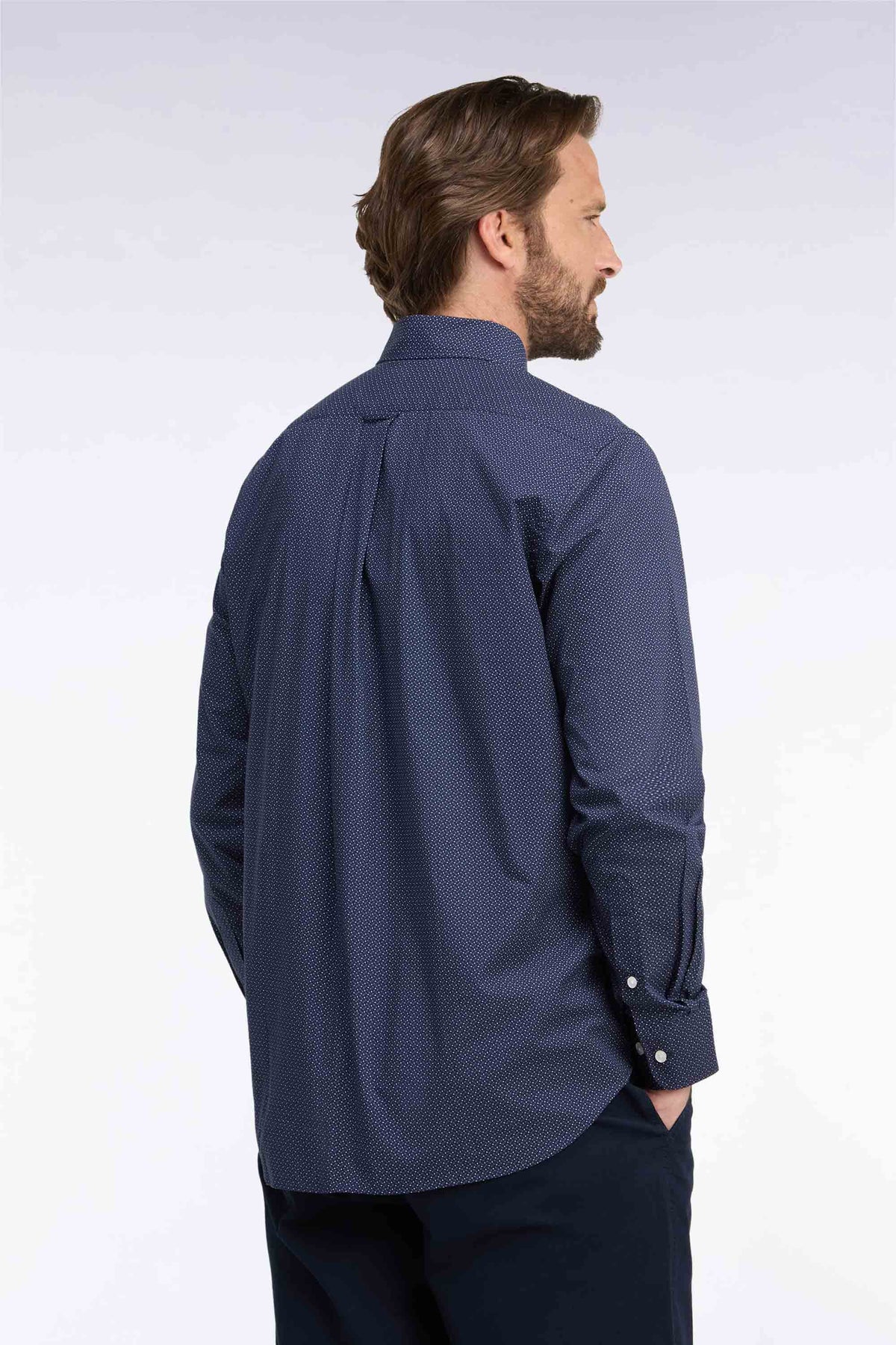 Chemise en coton marine à micromotifs nœuds papillon coupe droite