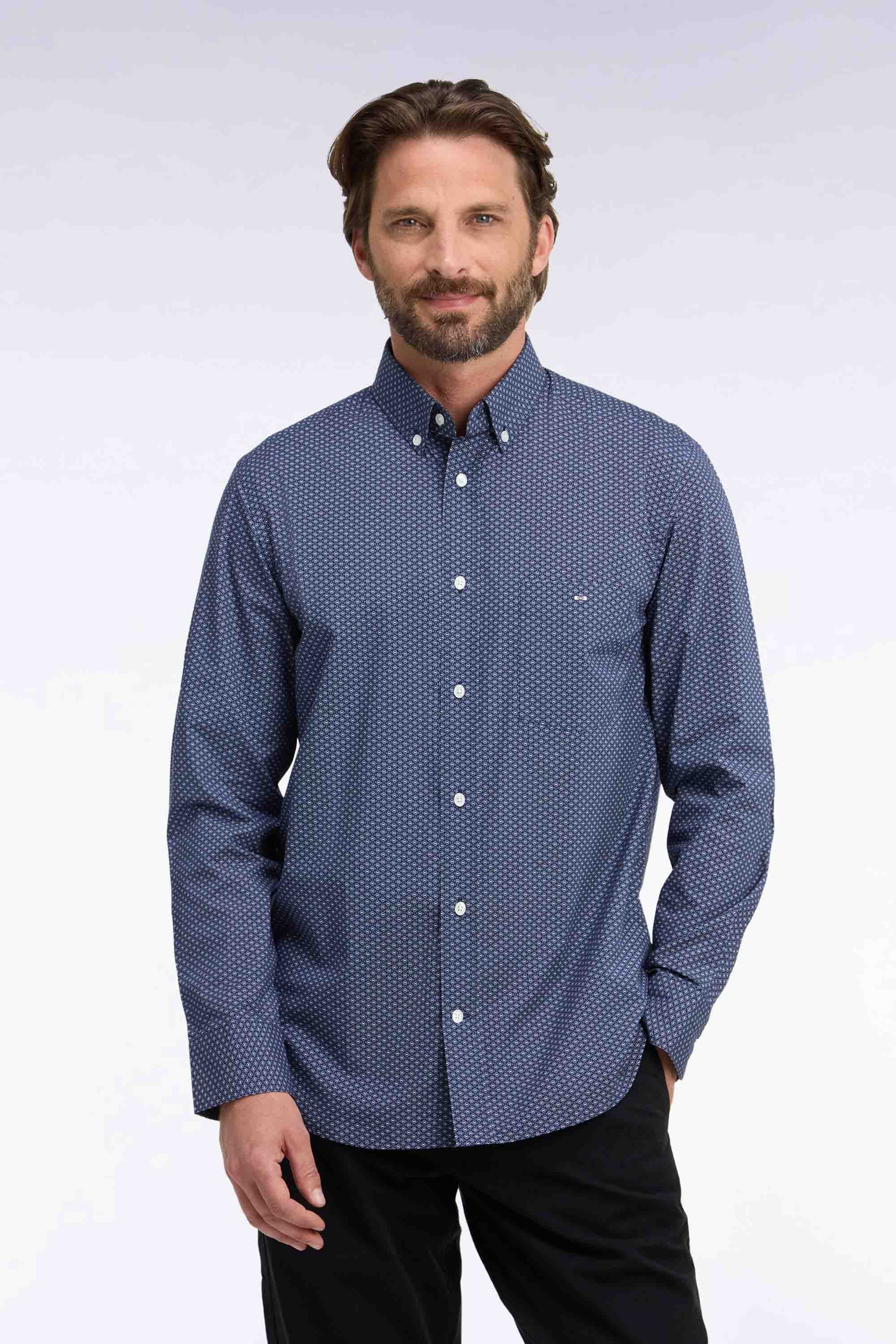 Chemise en coton bleu à micromotifs coupe droite