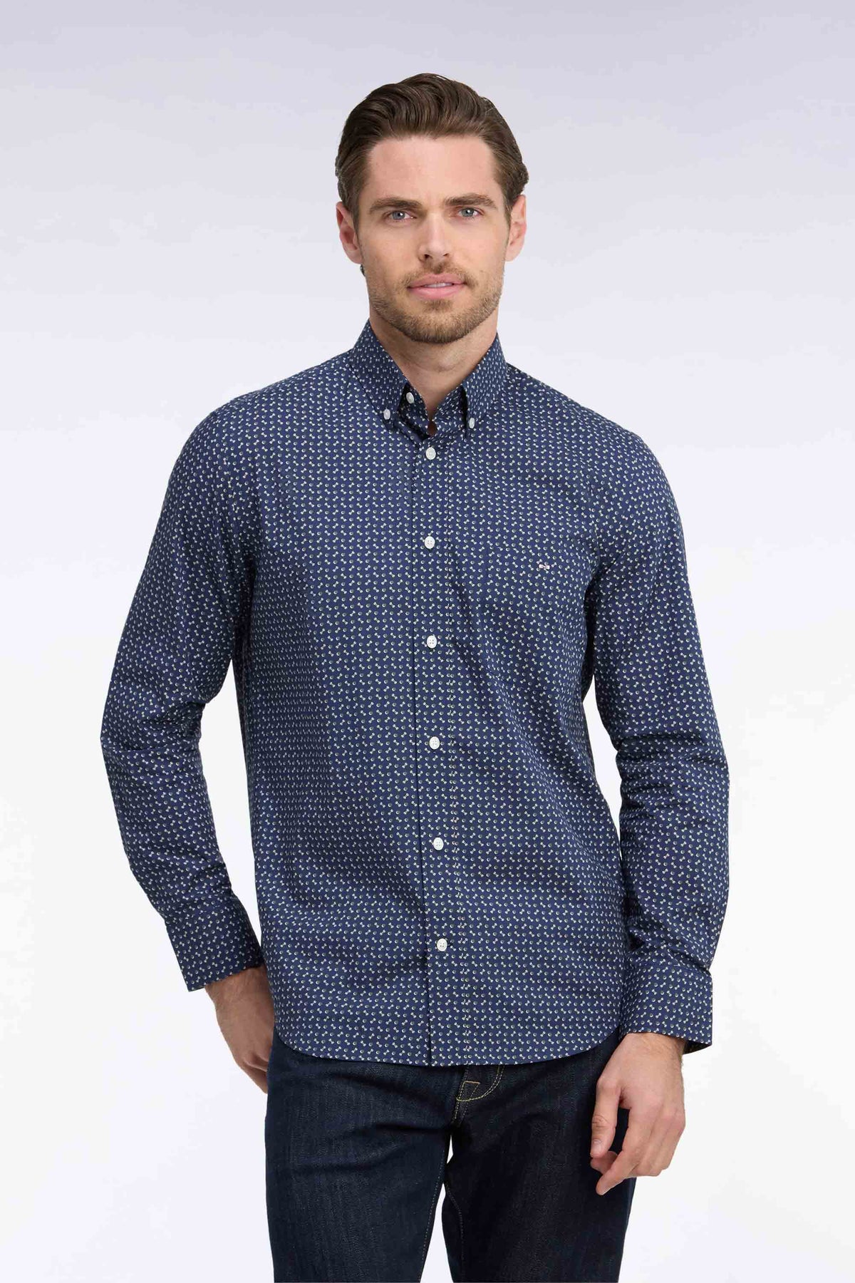 Navy cotton poplin shirt with khaki micro-patterns, straight cut