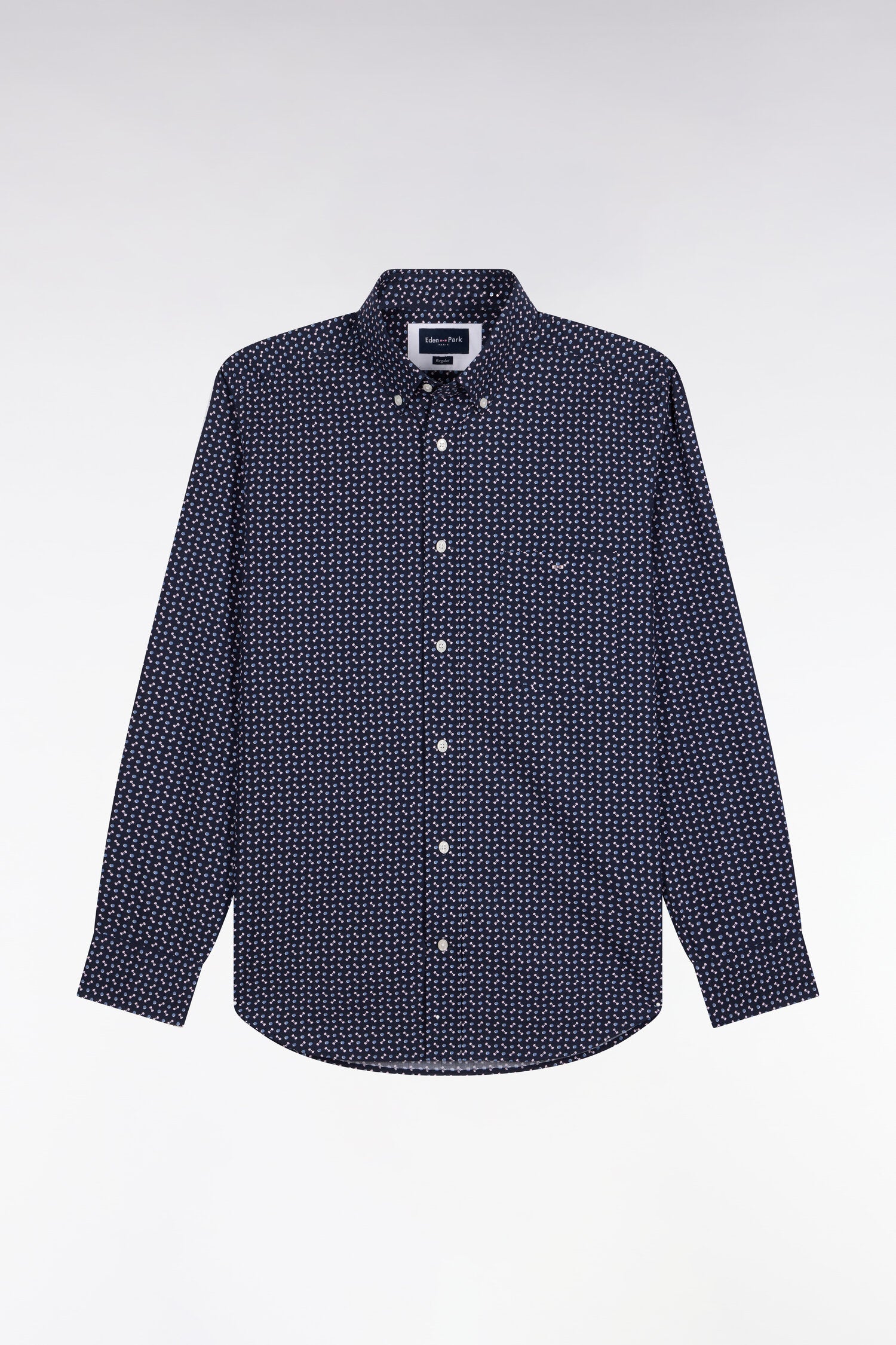 Chemise en popeline de coton marine à micromotifs bleus coupe droite