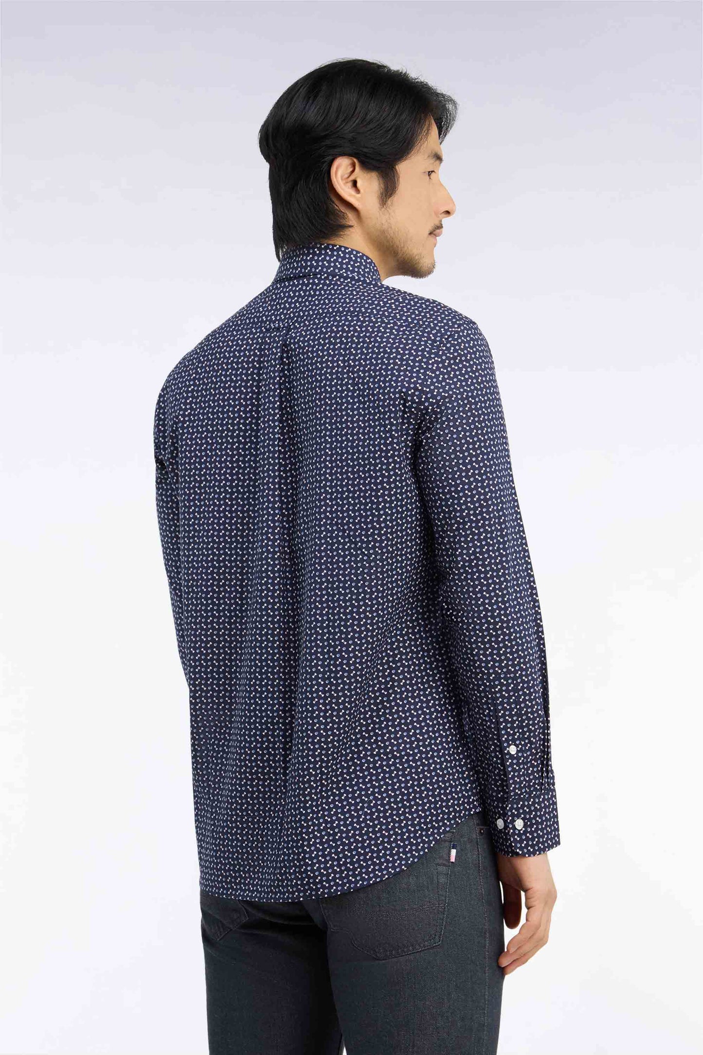 Chemise en popeline de coton marine à micromotifs bleus coupe droite