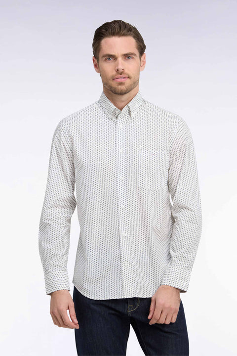White cotton poplin shirt with blue micro-patterns, straight cut - Image 2