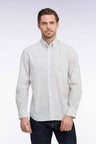 White cotton poplin shirt with blue micro-patterns, straight cut