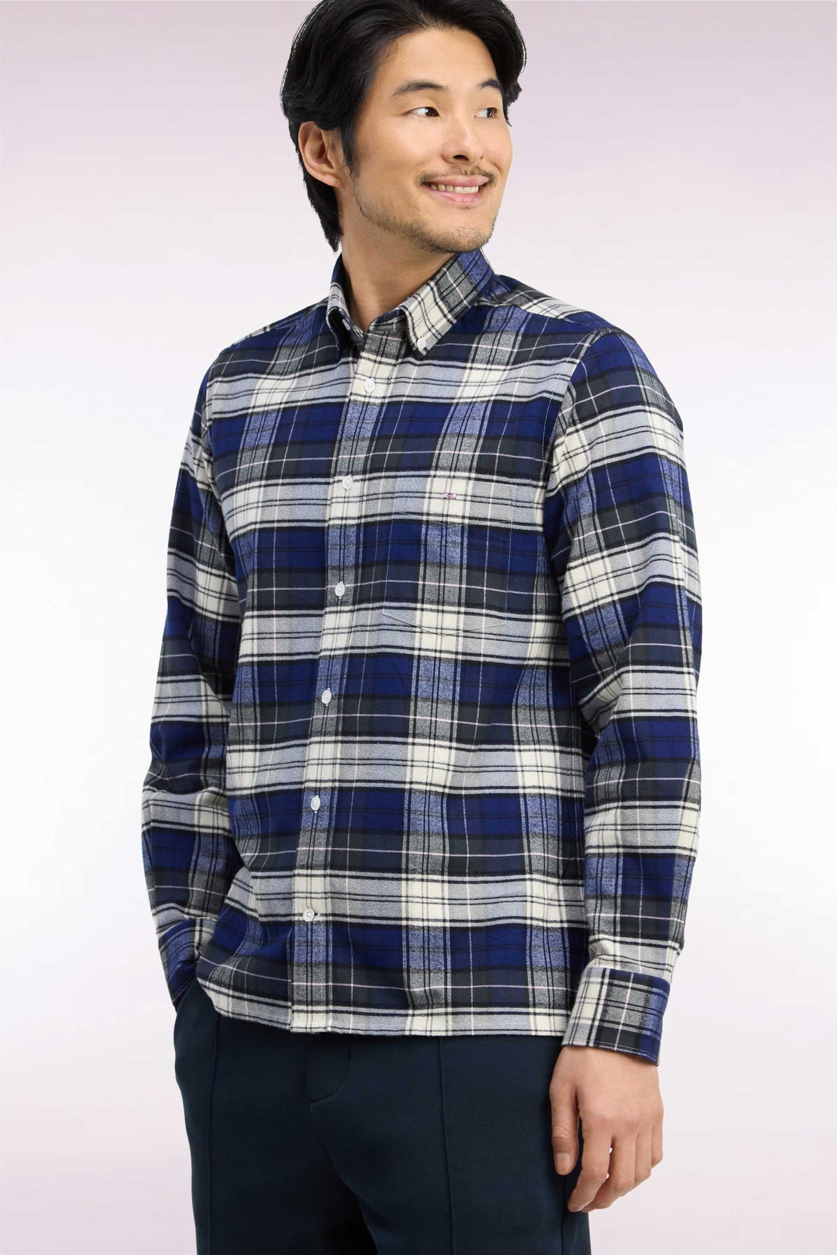 Green and navy cotton check shirt, straight cut