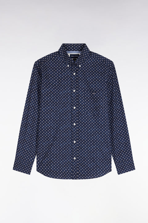 Chemise en coton marine à micromotifs fleurs blanches coupe droite - Image 2