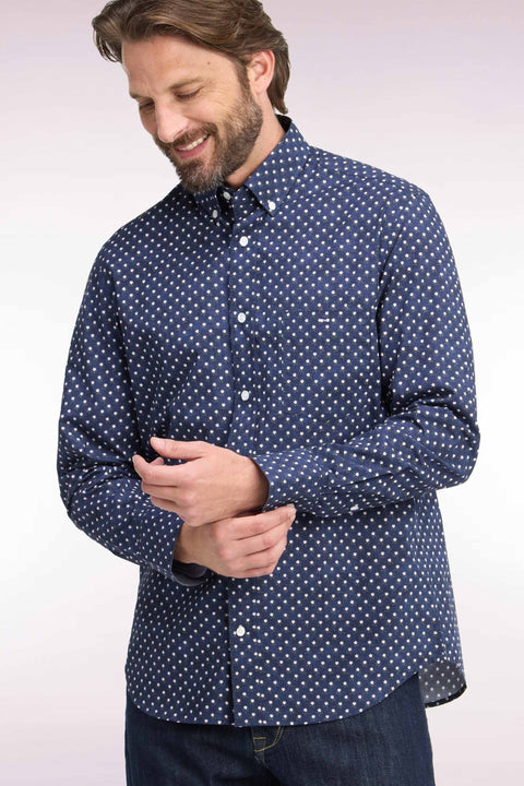 Chemise en coton marine à micromotifs fleurs blanches coupe droite - Image 1