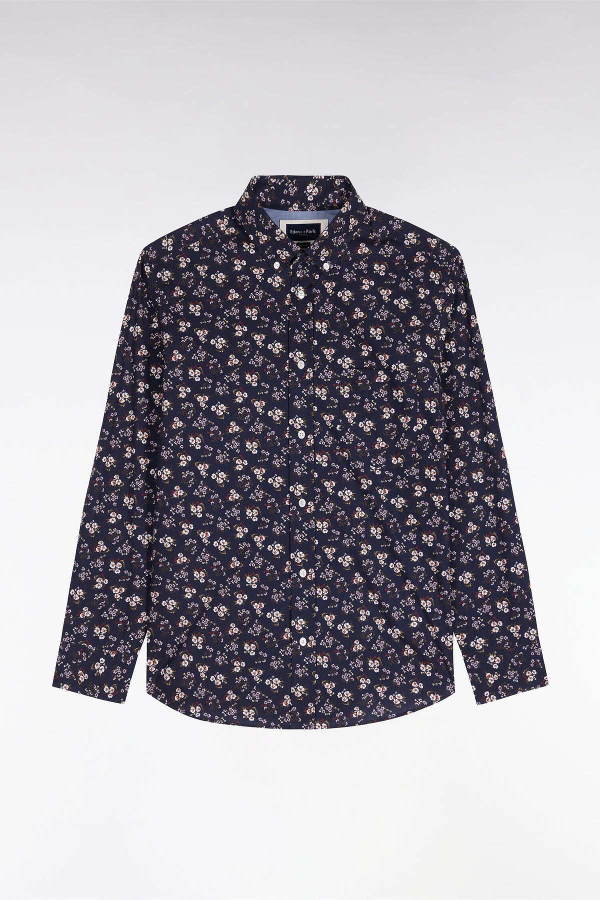 Chemise en coton marine à micromotifs fleurs coupe droite