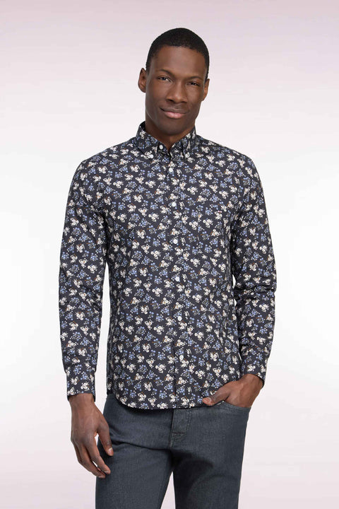 Chemise en coton marron à micromotifs fleurs coupe droite - Image 3