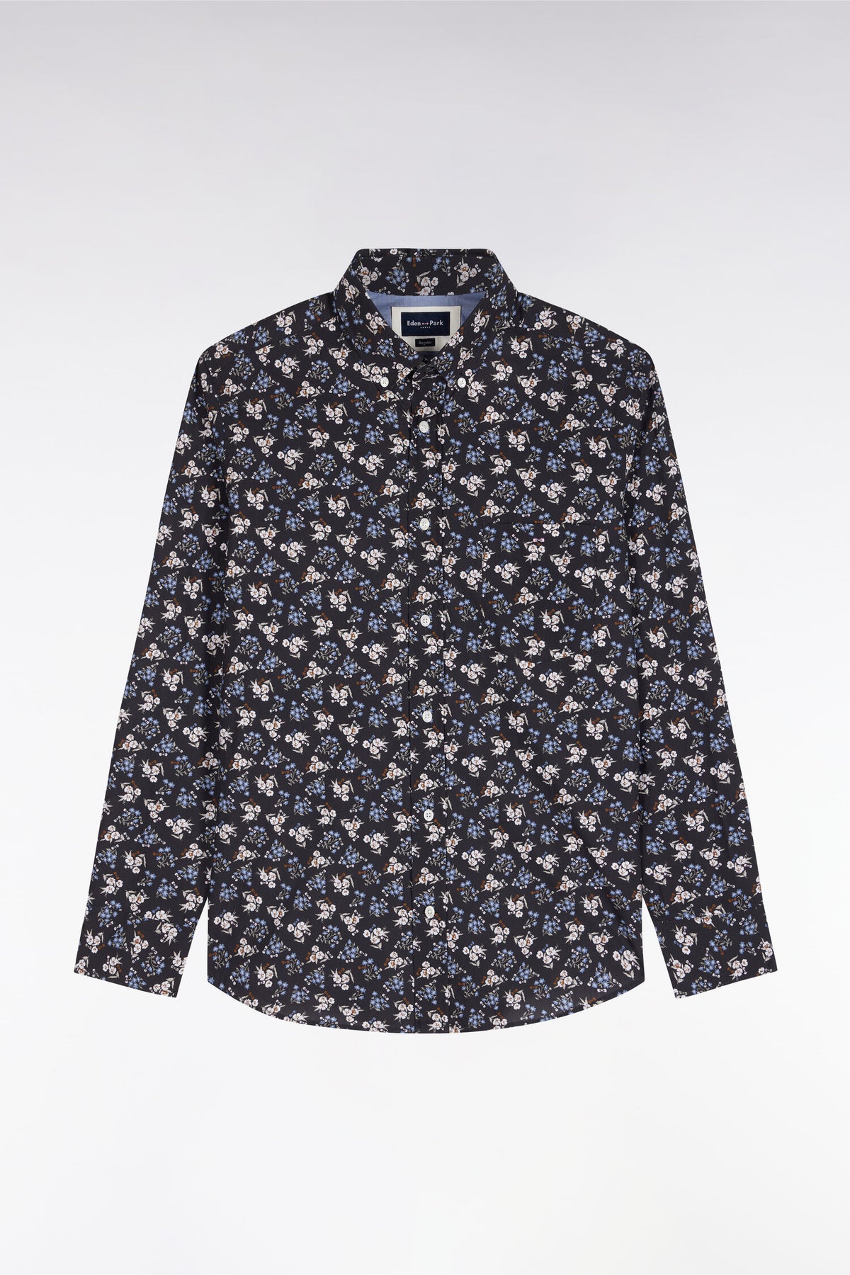 Chemise en coton marron à micromotifs fleurs coupe droite
