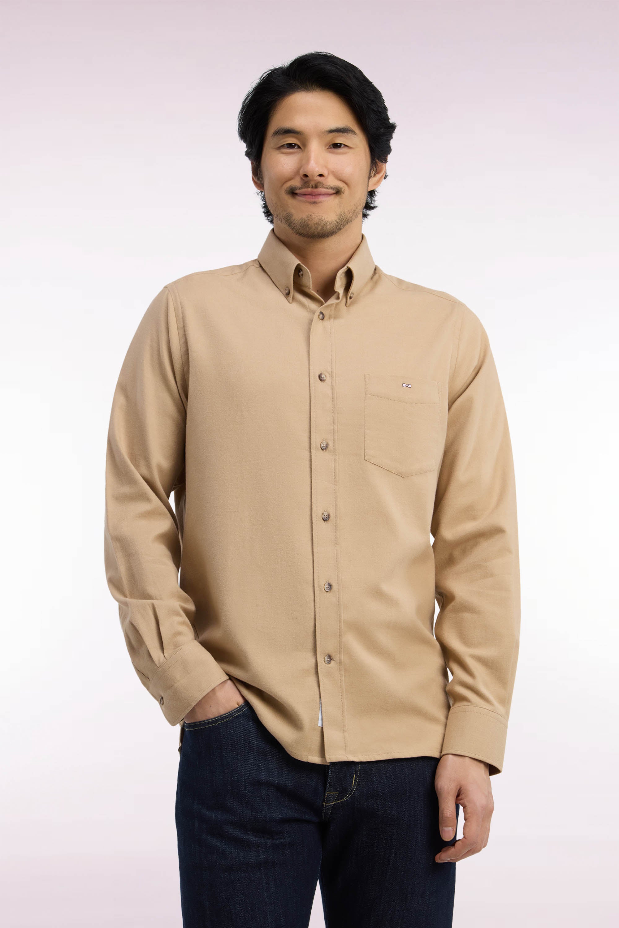 shirt plain in cotton caramel straight fit