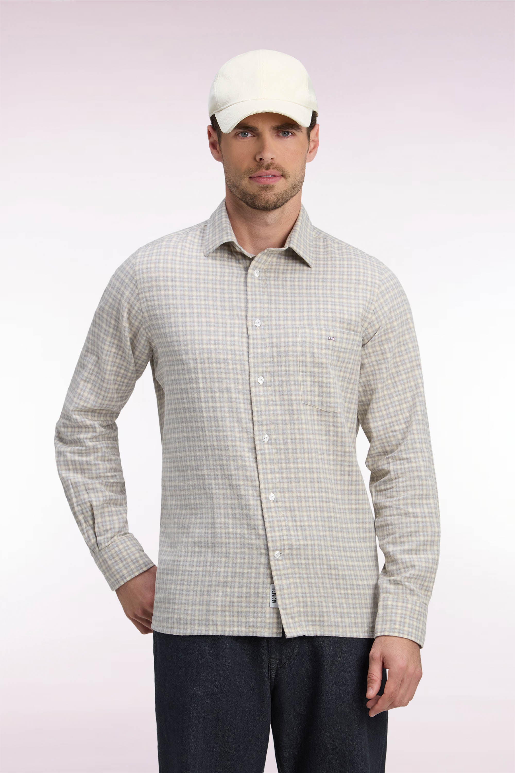 Chemise en coton à carreaux écrue coupe droite