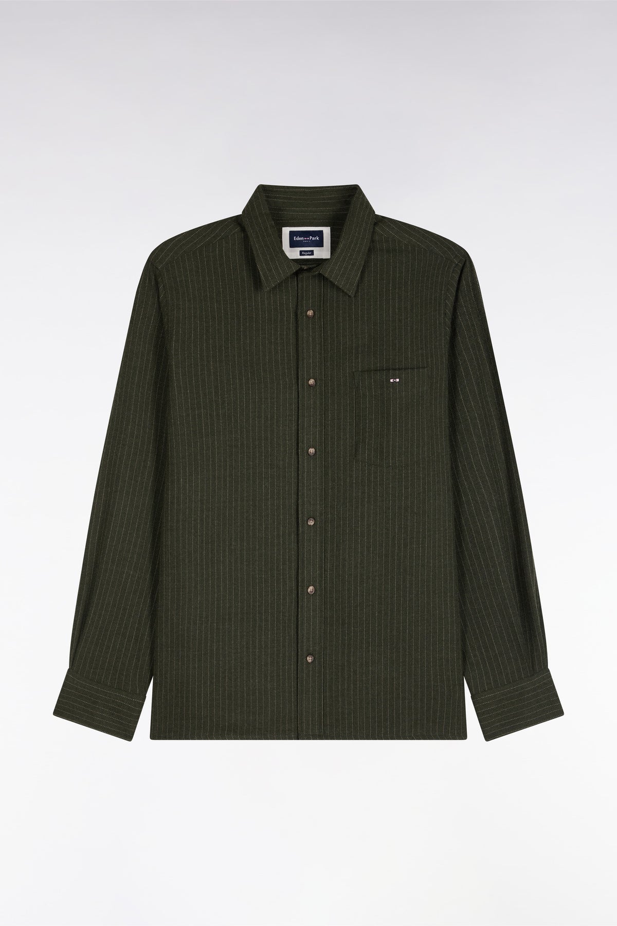 Chemise en flanelle rayée kaki coupe droite