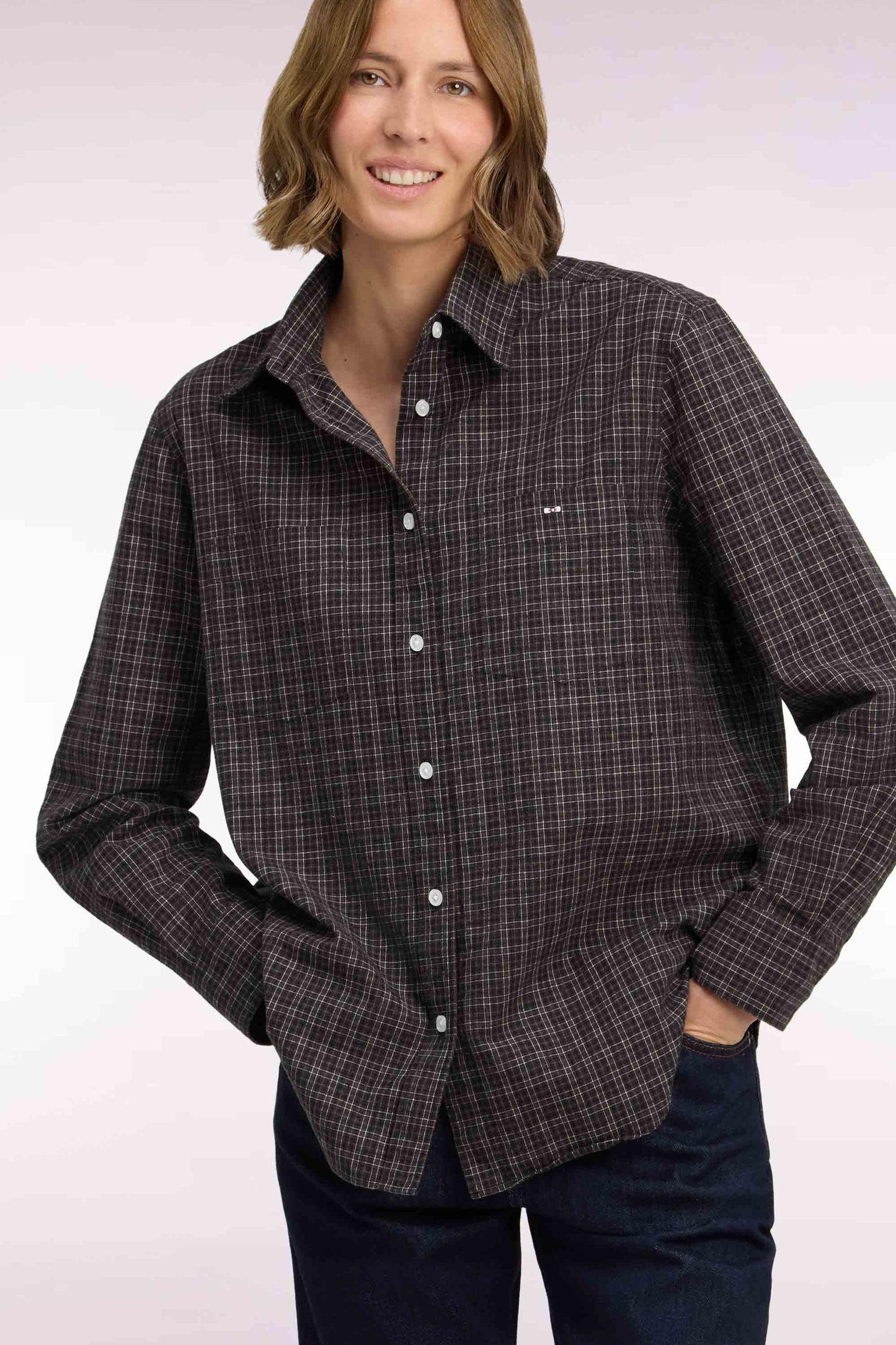 Chemise à carreaux en coton noir coupe décontractée