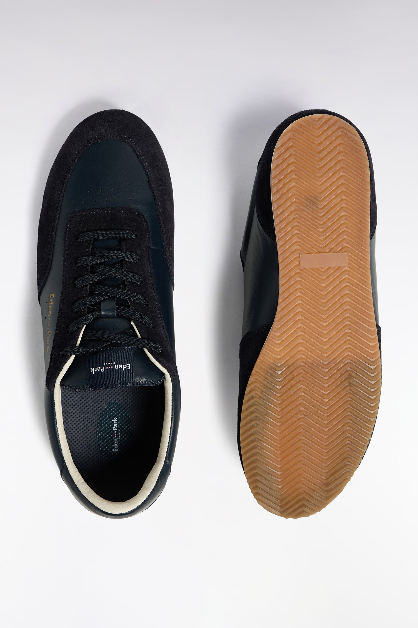 Baskets basses bimatière en cuir et daim marine