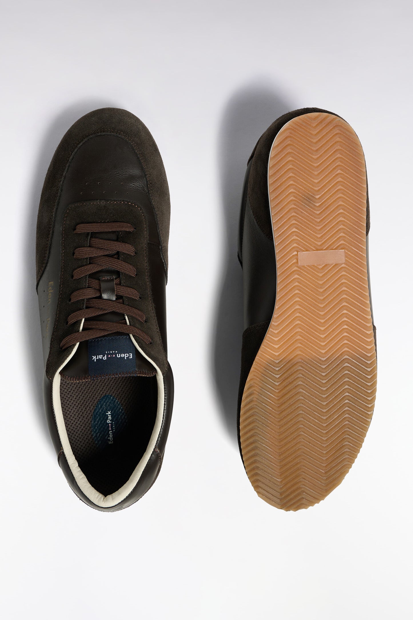 Baskets basses bimatière en cuir et daim marron