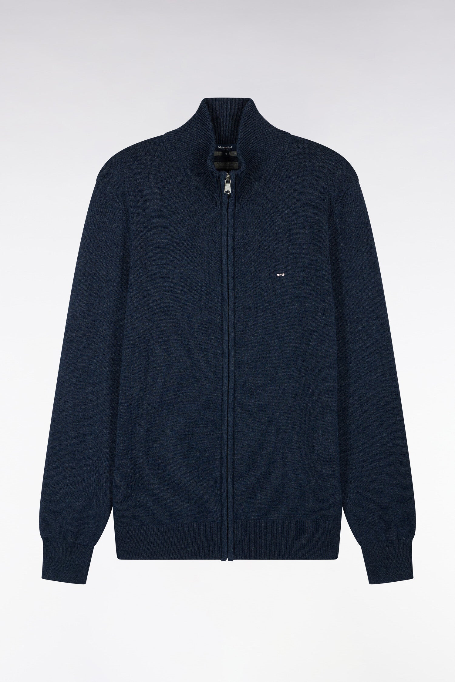Cardigan zippé en laine et coton bleu coupe droite