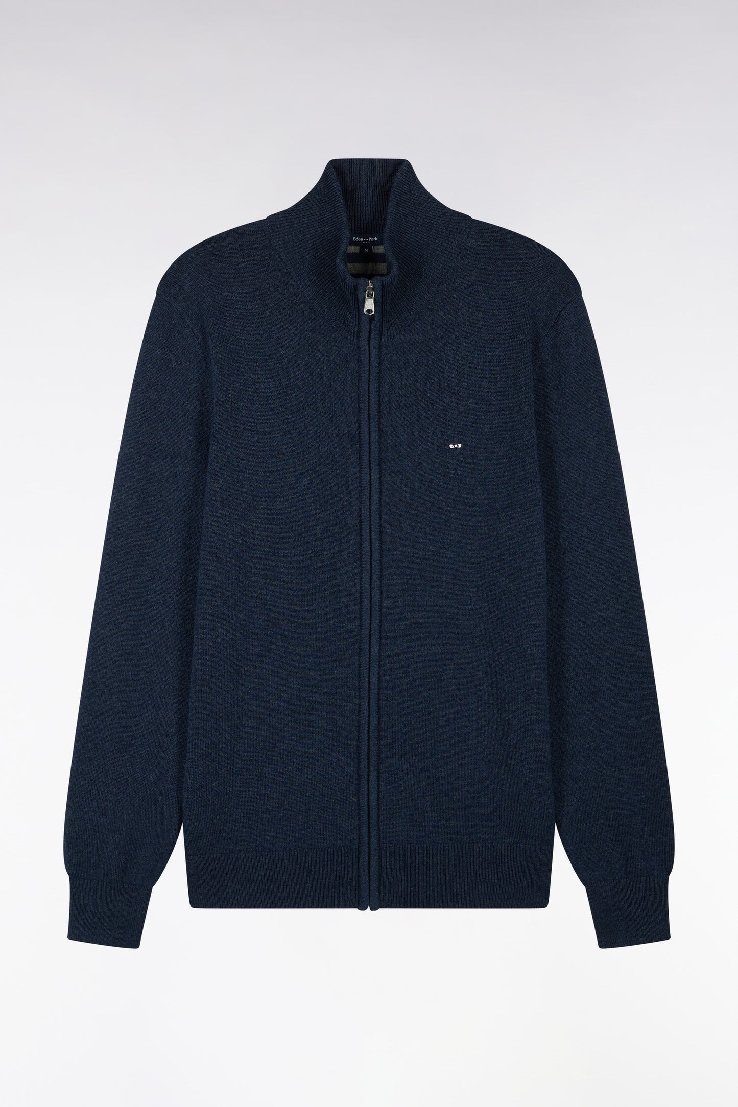 Cardigan zippé en laine et coton bleu coupe droite