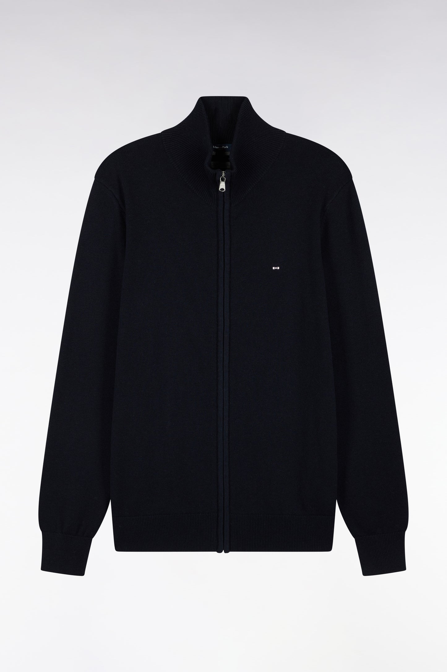 Cardigan zippé en laine et coton marine coupe droite