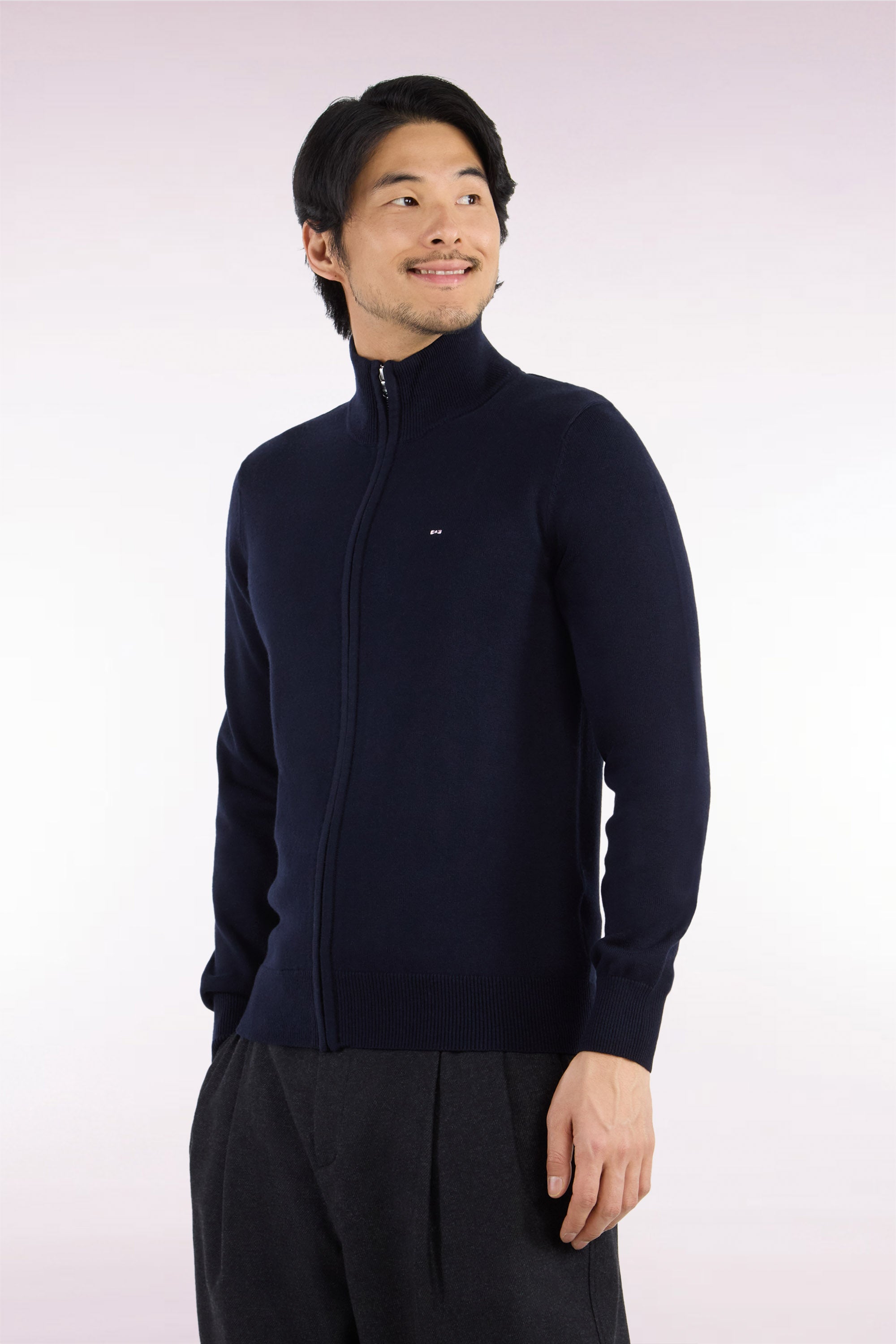Cardigan zippé en laine et coton marine coupe droite
