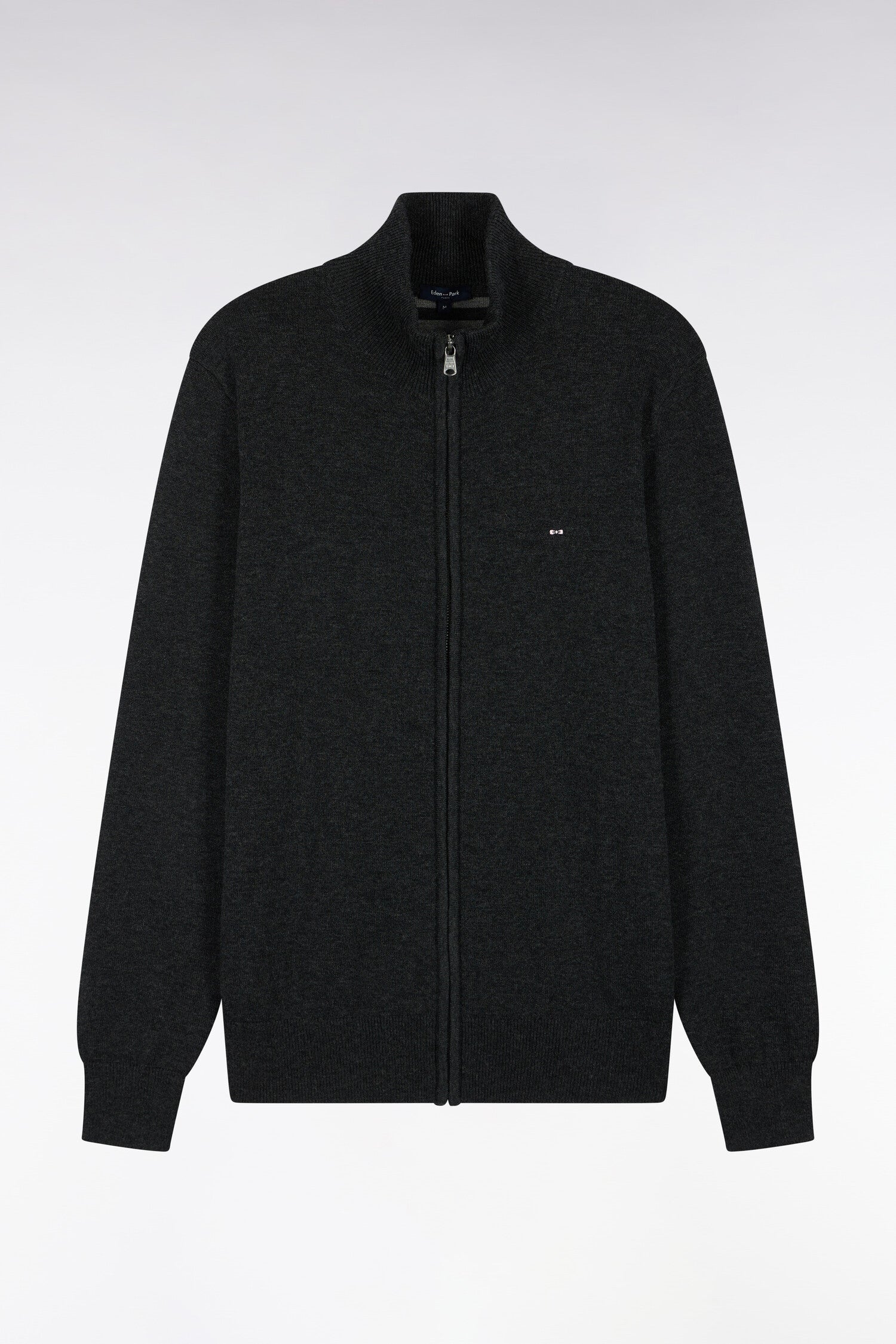 Cardigan zippé en laine et coton gris foncé coupe droite