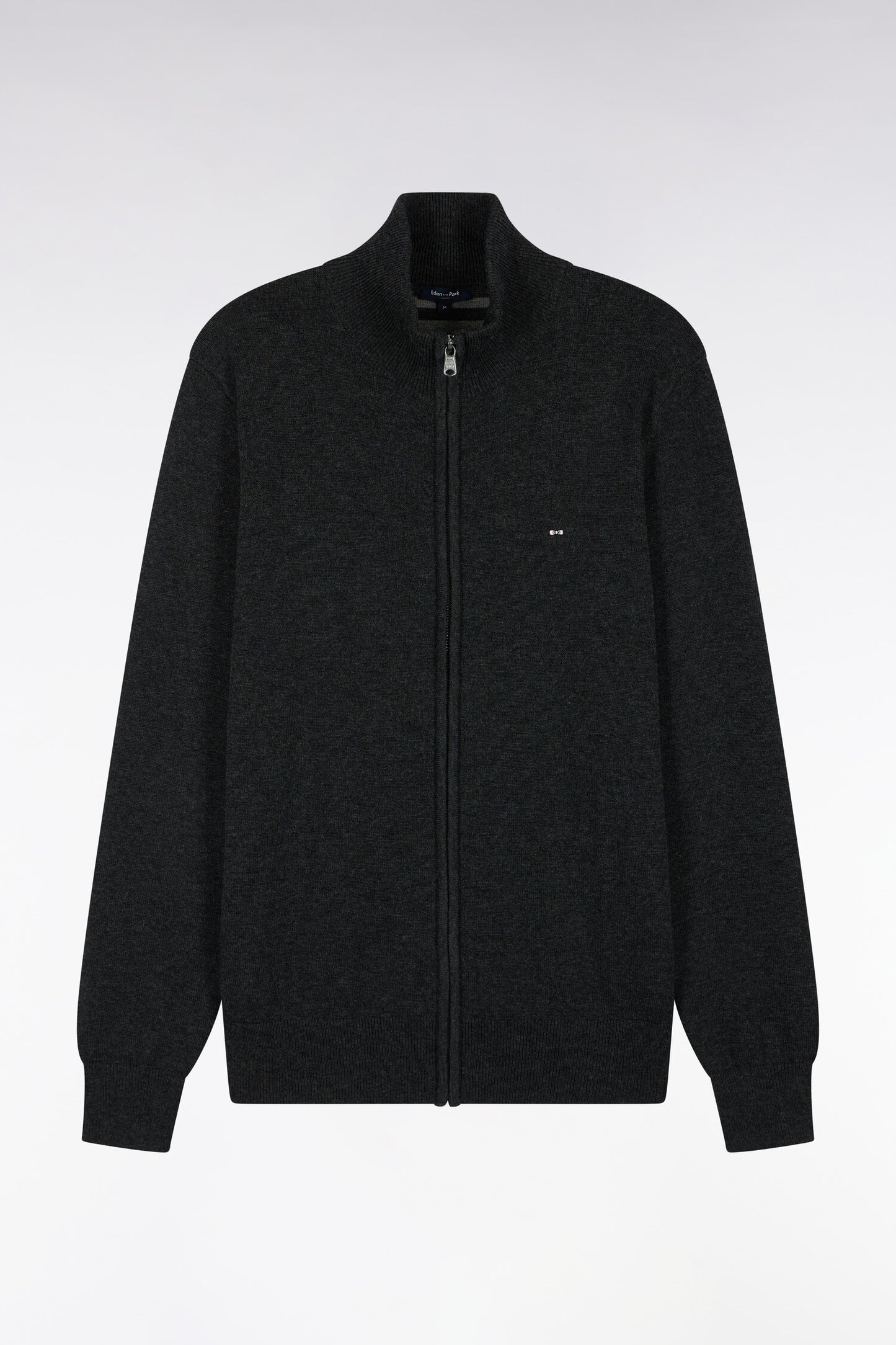 Cardigan zippé en laine et coton gris foncé coupe droite