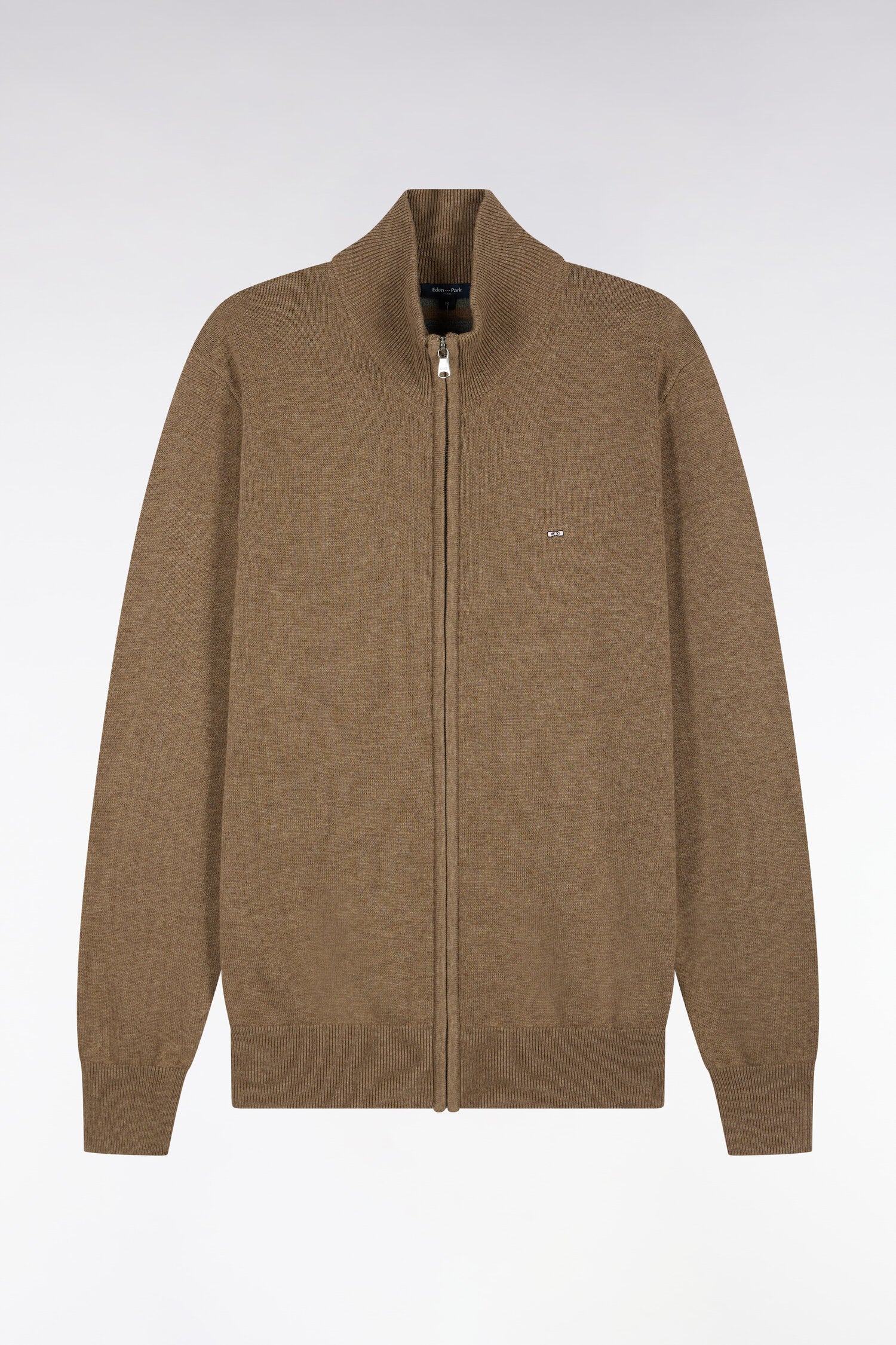 Cardigan zippé en laine et coton marron coupe droite